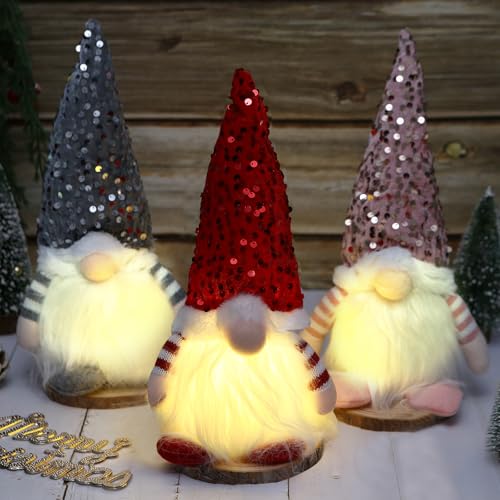Yuxava Gnomo LED de Navidad, 3Piezas Gnomo Navideño de Peluche, Decoración Navideña Enana, Decoración Navideña de Gnomo Elfo, Muñeco Sin Rostro Gnomo,Adorno De Mesa Navideño,Navidad Decor Niños Regalo