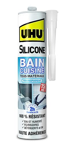 UHU Silicone - Mastic silicone sanitaire, idéal pour rendre étanches tous les joints sanitaires, transparent, cartouche 300g