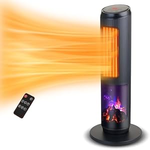 Electric Space Heater for Large Room 27″ Ceramic Tower Space Heater with 3D Flame Heating Indoor Use,Oscillating,Remote Control,Tipover &overheating protection(Black-III)