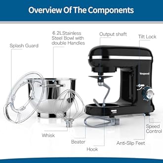 Stand Mixer, Vospeed Food Mixer Dough Blender, 6.2L Electric Cake Mixer with Bowl, Beater, Hook, Whisk, Egg Separator & Silicone Spatula, Dishwasher Safe (Black)