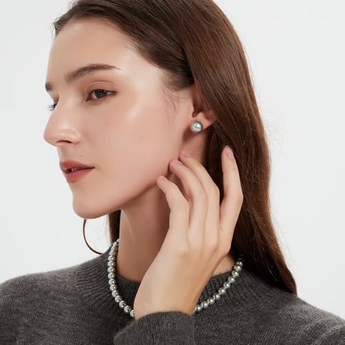 Pearl Necklace 18 inch and Pearl Earrings Studs, Lustrous Gorgeous Imitated Silver/White Pearls Jewelry Set For Women3