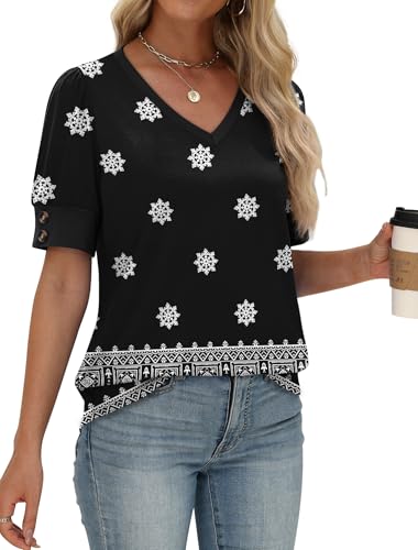 Image of OFEEFAN Womens Tops Short Sleeve Shirts Buttons V Neck Spring Fashion Summer Outfits Plus Size Blouses Dressy Casual