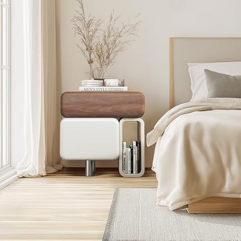 Glintee Walnut Nightstand, Mid-Century Modern Night Stand with Storage Drawers, Bed Sofa Side End Table for Bedroom & Living Room (Left) Cover