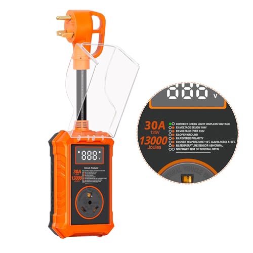 Rv Surge Protector 30 Amp, 13000 Joules RV Circuit Analyzer Surge Protector with Waterproof Cover and LED Display, Smart RV Adapter Plug for Camper, Travel Trailers, Orange