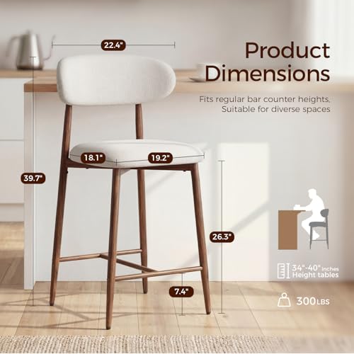 Image of AQO Counter Height Bar Stools Set of 2, Upholstered Counter Stools Modern Barstools with Metal Legs for Kitchen Island Dining Room, Walnut