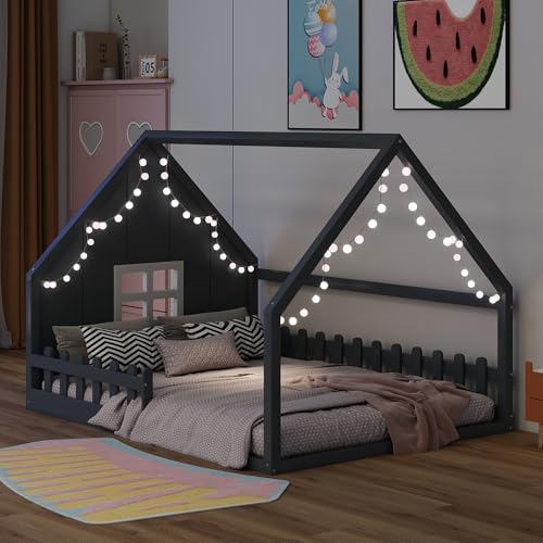 Merax Full Size House Bed for Kids, Wood Montessori Floor Bed with LED Light Toddler Floorbed with Fence and Window, Toddler Bedframe for Girls Boys, Grey