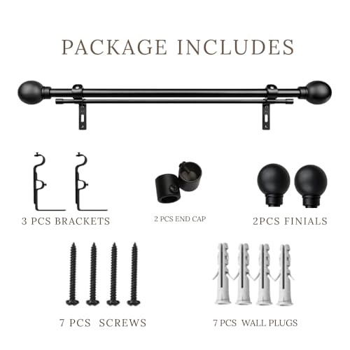 Image of 48 inch-88 inch Adjustable Double Curtain Rod For Door & Windows With Brackets Set Curtains Hanging Extendable Iron Metal Pipe Holder With Ross Grey Metal Finial (Black, 0.78 inch Diameter)
