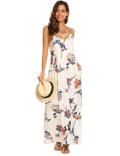 Image of Supnier Women's Summer Maxi Dress Casual V-Neck Sleeveless Bohemian Spaghetti Strap Floral Long Maxi Dress with Pockets
