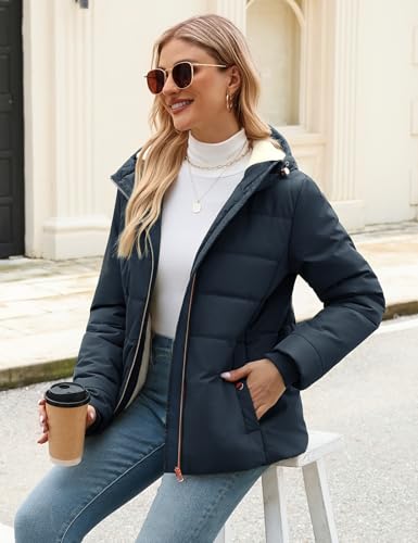 Vancavoo Wintermantel Damen Winterjacke Warm Gefüttert Winterparka Winter Jacket Mäntel Parka Kurzmantel Frauen mit Kapuze,Marineblau,M