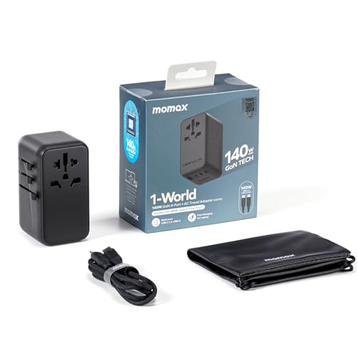 MOMAX 140W Universal Travel Adapter, GaN Technology, EU/UK/AUS/US/JP Worldwide, Fast Charging for iPhone, MacBook pro, Vision Pro, Charging Cable Included