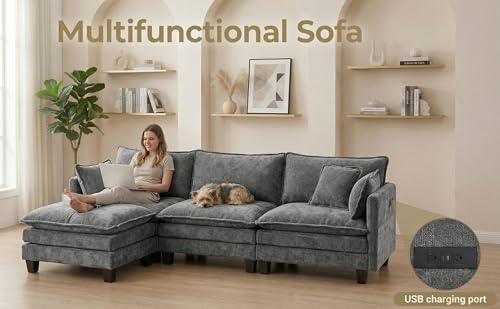 Image of 110.4 inch L Shaped Modular Sectional Sofa, Comfy Upholstery Chenille Cloud Couch with USB, Modern 4-Seat Deep Seat Sofa with Ottoman for Living Room, Apartment, Grey