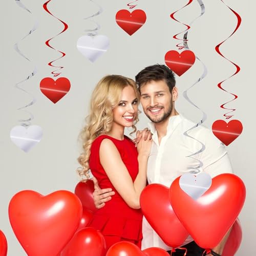 Image of BEISHIDA Happy Valentine's Day Hanging Swirls Valentine's Decorations Red Silver Heart Hanging Ornament Wedding Anniversary Engagement Proposal Party Supplies Romantic Party Decorations Pack of 15