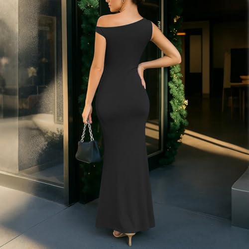 HWP Women Summer Bodycon Maxi Dress Sleeveless Boat Neck Ruched Casual Long Cocktail Dress Black L — view 5