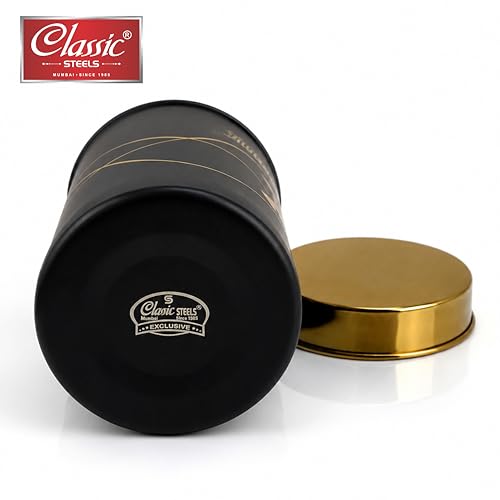 Image of Classic Steels Premium Long Tea & Sugar Canister Set (850ml) (Black) | Airtight Kitchen Canisters Stainless Steel Storage Jars with Gold Lid & Label | Matte Finish Kitchen Storage Container Set