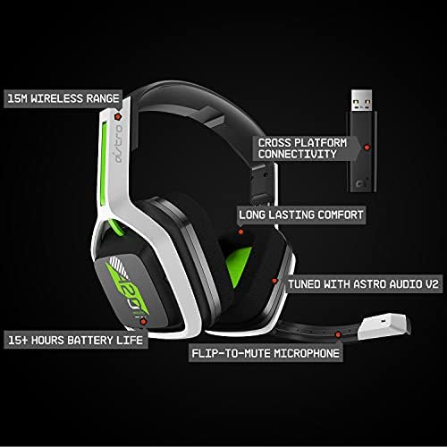ASTRO Gaming A20 Wireless Headset Gen 2, Lightweight and Damage Resistant, Flip-to-mute microphone, +15 Hour battery life, 15m range, for PlayStation 5, PS4, PC, Mac - White/Green