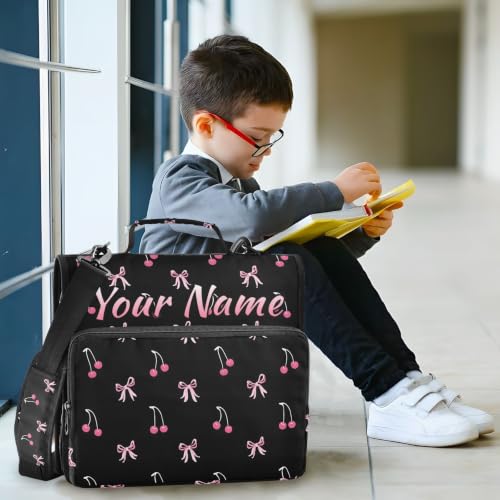 Image of Custom 3 Ring Zipper Binder Black Pink Bow Cherry Personalized Name 1.5 Inch Binders Large Capacity Multi Pockets for School Office Supplies