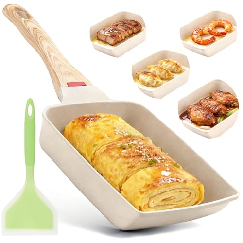 Lista de Sarten Serafin los mejores 5. 48 Sarten cuadrado japones, Sartenes para omelett antiadherentes, Sarten para huevos estrellado con espátula de silicona, mango de mader, Adecuado para takoyaki, huevos fritos, etc...