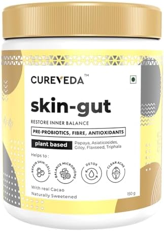 Cureveda SkinGut Pre & Probiotic Powder for Clear Skin | Supports Acne Control | Gut Health| Skin Detox | Plant-Based Formula with Antioxidants | No Added Sugar & Artificial Flavour(150 gm)