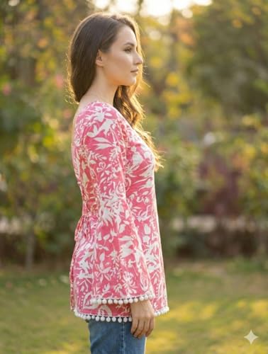 Image of Women's Premium Viscose Rayon Floral Printed Short Kurti | Stylish Bell Sleeves with Pom-Pom Lace | Teal Blue Tunic Top for Jeans & Office Wear