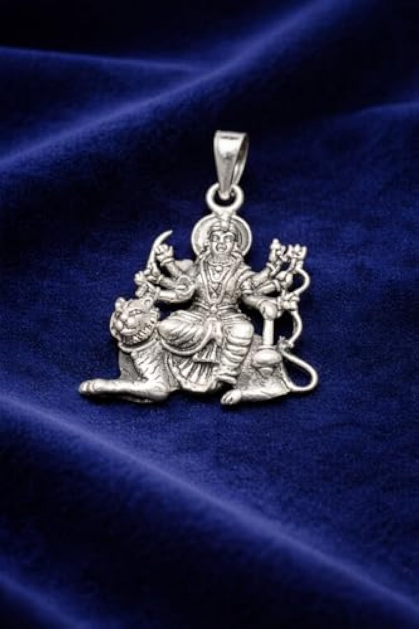 Pure Silver Maa Durga Pendant with Lion, Sterling Goddess Locket