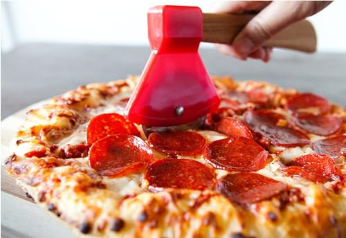 Funny &amp; Cool Axe Pizza Cutter – Unique Men Dad Tool With Steel Сircular Saw, Plastic Cover for Wheel Blade Knife &amp; Bamboo Handle – Cute Kitchen Gadgets Nonstick Stuff Slicer Accessories