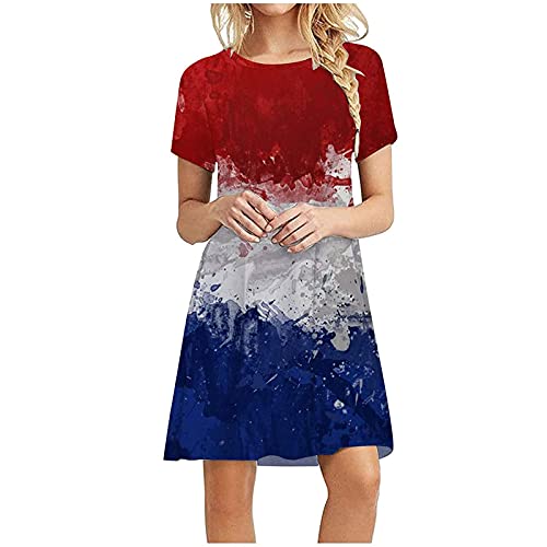 MoKFE Independence Day T Shirt Dress for Women,Fashion Scoop Neck Short Sleeve American Flag Print Dresses Red