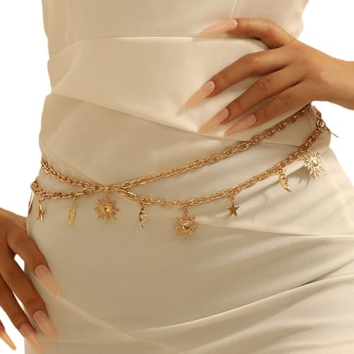 YNR Cinturón de Metal, Cinturón de Cadena para Mujer, Brillantes Cadena de Cintura de Metal, Cinturon Dorado Ancho con Cadena para una Silueta Favorecedora (Oro)
