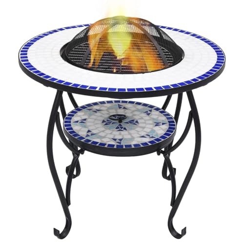 Gecheer Calentador de Jardín de Acero y Cerámica, 68x68x60 cm, Azul y Blanco, con Barbacoa y Mesa Modelo YHSLRZJ-46724ES