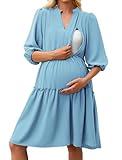 Angashion Women's Maternity Nursing Dress: Hidden Zipper Breastfeeding Dress with Pockets Light Blue Medium