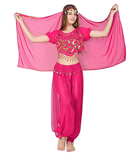 Carnavalife 3pcs Mujeres Danza Del Vientre, Ropa India Lentejuelas Para Disfraz De Princesa, Conjunto De Bailando Top Pantalones De Linterna Y Cadena De La Cabeza Barbijo Fucsia Carnavalife 3pcs Mujeres Danza Del Vientre, Ropa India Lentejuelas Para Disfraz De Princesa, Conjunto De Bailando Top Pantalones De Linterna Y Cadena De La Cabeza Barbijo Fucsia