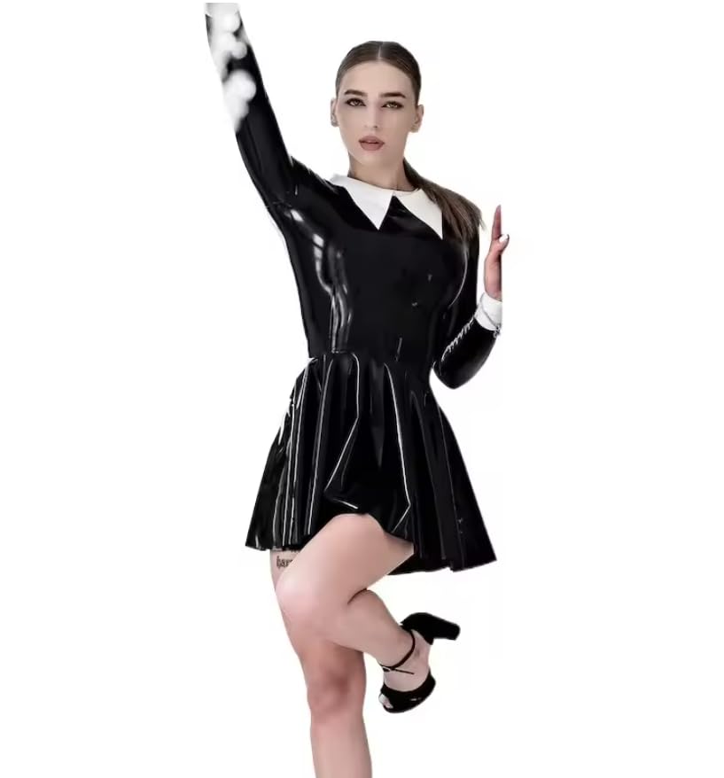 Biurowa Pani Piotruś Pan Kołnierz Krótka Sukienka Wetlook Casual Długi Rękaw Plisowana Mini Sukienka PVC Odzież Klubowa Odzież Damska Personalizacja