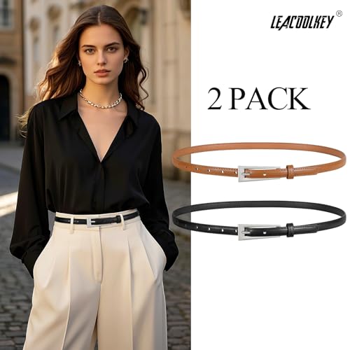LEACOOLKEY 2 Pack Women Skinny Belts for Jeans Dress Thin Leather Waist Belt2
