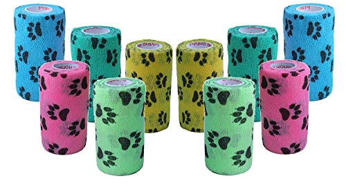 Image of Prairie Horse Supply 4 Inch Vet Wrap Tape Bulk (Paw Prints Variety) (Pack of 12) Self Adhesive Adherent Adhering Flex Bandage Grip Roll for Dog Cat Pet