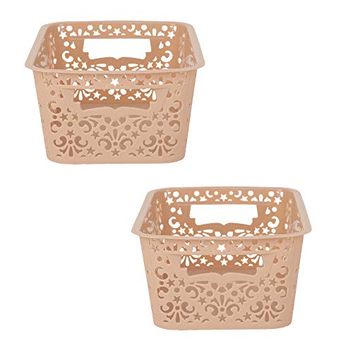Image of Cutting Edge Essentials Plastic Storage Baskets /Shelf /Turkish Rack without Lid - Set of 2 for Fruit Vegetable Bathroom Stationary Home Basket with Handle (Beige, Small)