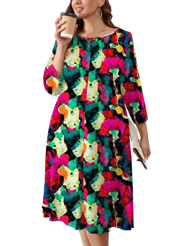 Image of AusLook Women's Plus Midi Dresses Crew Neck A Line 3 /4 Sleeves Casual Elegant Loose Wedding Vacation Dress with Pockets