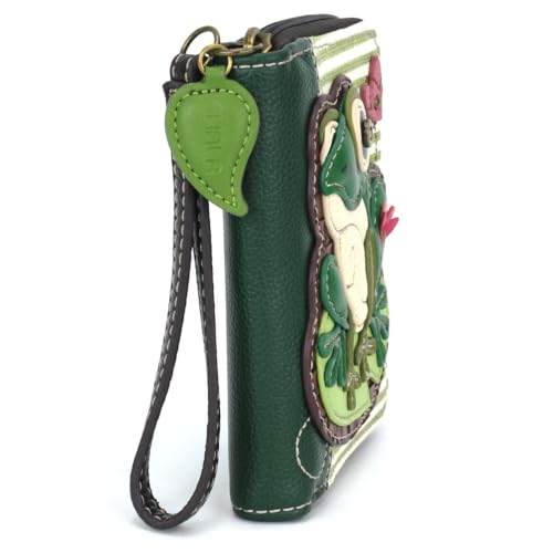 Image of CHALA Zip Around Wallet, Wristlet, 8 Credit Card Slots, Sturdy Pu Leather - Lily Frog - green stripe