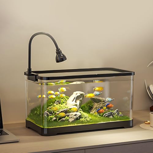 Fish Aquarium Tank Ultra Clear Fish Bowls with Oxygen Pump Lamp Cover, Turtle Tank Tortoise Aquarium Reptile Habitat Terrariums, Betta Goldfish Tanks for Crayfish Shrimp Small Amphibious Creatures