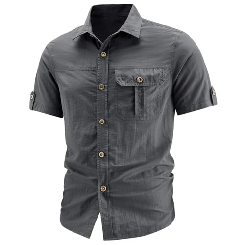 Camisa de trabajo de algodón para hombre manga corta con botones azul marino