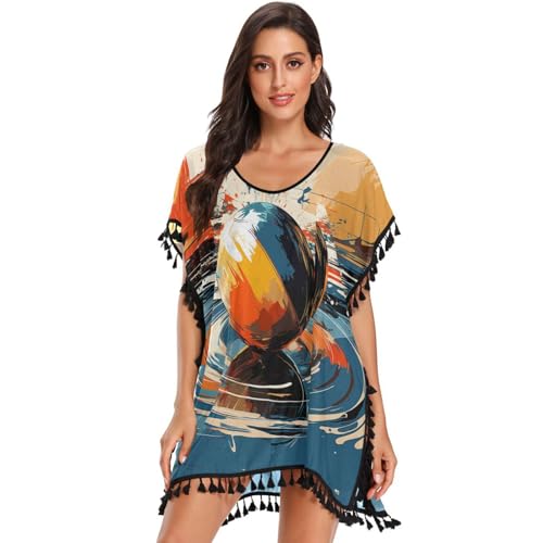 Watercolor Art Ball Women's Beach Cover Up Chiffon Tassel Swimwear Swimsuit Coverups for Girl