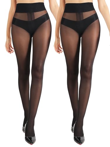 DancMolly Sheer Tights for Women High Waist Black T-Crotch Stockings, 2 Pairs