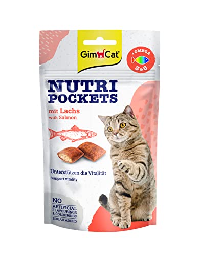 GimCat Nutri Pockets con salmone - Snack croccante per gatti con ripieno cremoso e ingredienti funzionali - 1 busta (1 x 60 g)