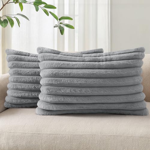 Pallene Faux Fur Plush Lumbar Throw Pillow Covers 12x20 Set of 2, Luxury Soft Fluffy Striped Decorative Pillow Covers for Sofa, Couch, Living Room, Grey