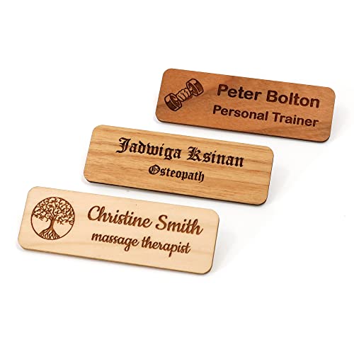 Personalised Wooden Eco Name Badge Staff ID Tag with Pin | Design Your Custom Badge | Laser Engraved (Oak)