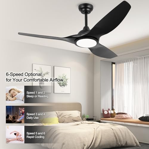 Image of 52 Inch High CFM Quiet Modern Black Ceiling Fan with Lights Remote Control