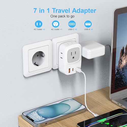 European Travel E F Plug Adapter, International Power Adapter with 4 AC Outlets 3 USB Charging Ports, Type C Outlet Adaptor Charger for US to EU Most of Europe EU Iceland Spain Italy France Germany - Thumbnail 2