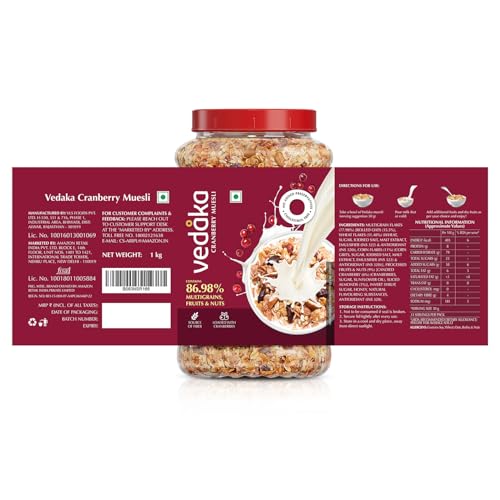 Amazon Brand - Vedaka Cranberry Muesli 1 kg Jar | Contains 86.98% Dry Fruits, Nuts and Multigrains | Loaded with Cranberries | Source of Fiber | No Added Preservatives | Breakfast Cereal