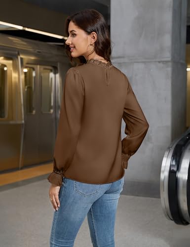 Blooming Jelly Womens Dressy Casual Blouses Pleated Satin Silk Business Tops Mock Neck Long Sleeve Shirts3