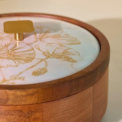 Image of Brick Brown Noor Wooden Roti Box with Lid | Solid Wood Chapati Box for Kitchen & Dining | Designer Roti Casserole /Roti Hot Pot Case | Handmade Roti Dabba Serveware | Roti Container (8x8x4.2 Inch)
