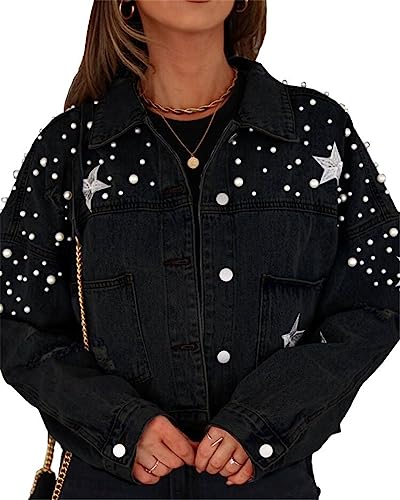 Women's Pearl and Star Denim Jacket Oversized Ripped Distressed Denim Jean Jacket Coat