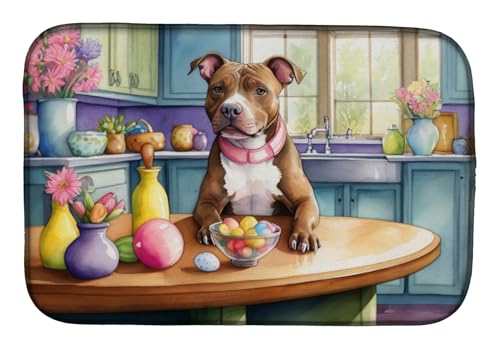 Caroline's Treasures DAC6868DDM Decorating Easter Pit Bull Terrier Dish Drying Mat Absorbent Dish Drying Mat Pad for Kitchen Counter Dish Drainer Mat for Countertop, 14 x 21", Multicolor